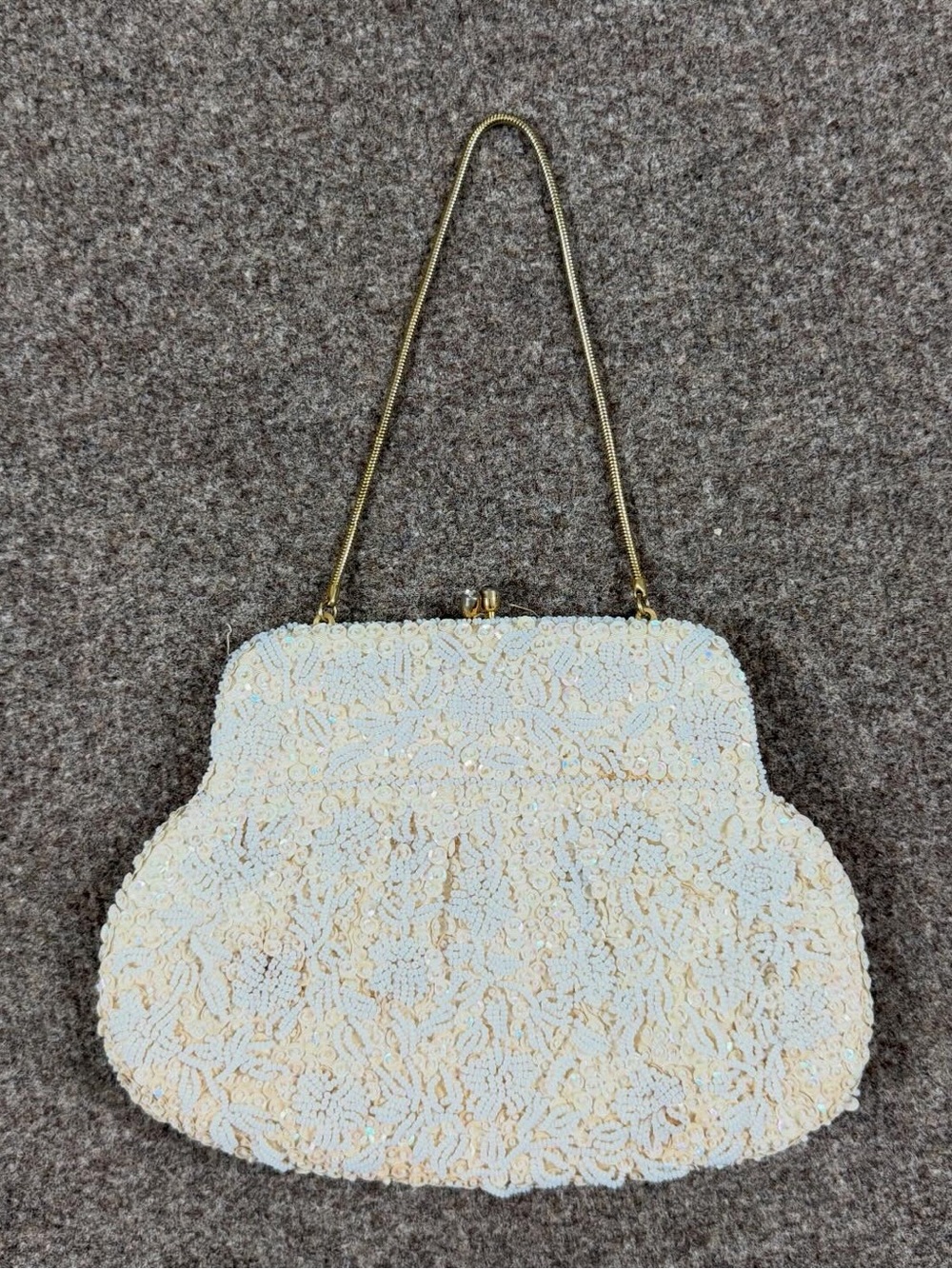 Vintage Ivory‎ White Beaded Sequin Kiss Lock Evening Bag Clutch Gold Chain Strap
